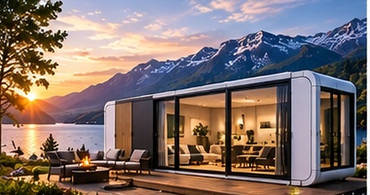 Mikrohus ved vannet i solnedgang med bålpanne på terrassen